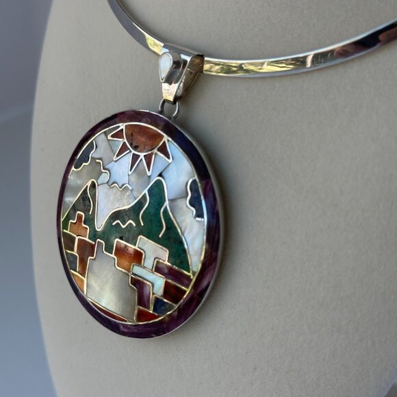 Peruvian 950 Sterling Silver Pendant | Handcrafted Mosaic Inlay natural stone - Picture 10 of 12
